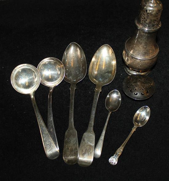 Odd silver spoons and a silver sugar caster